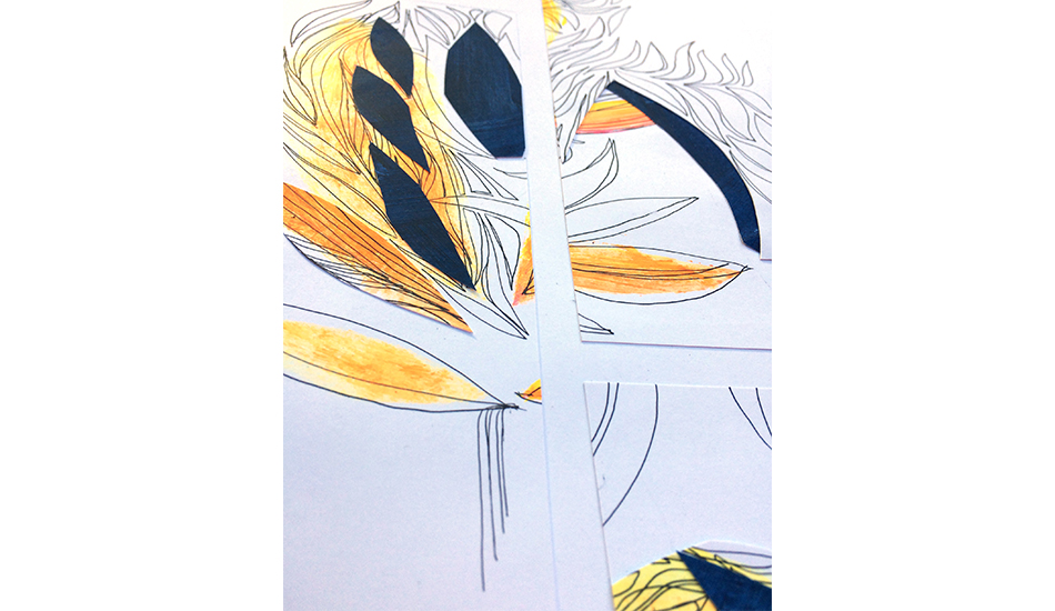 Technique mixte abstraite - Composition feu, bleu et orange fluo 5